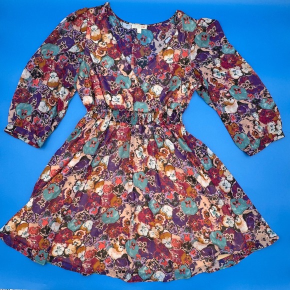 GB Dresses & Skirts - GB Women Purple Floral Chiffon Smocked Waist V-Neck Mini Dress GB7330HMC Large